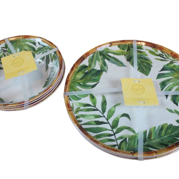 Bungalow No 10 Bamboo Tropical Leaf Dinner Plate & Bowls Set of 8 Melamine NWT - Picture 1 of 9